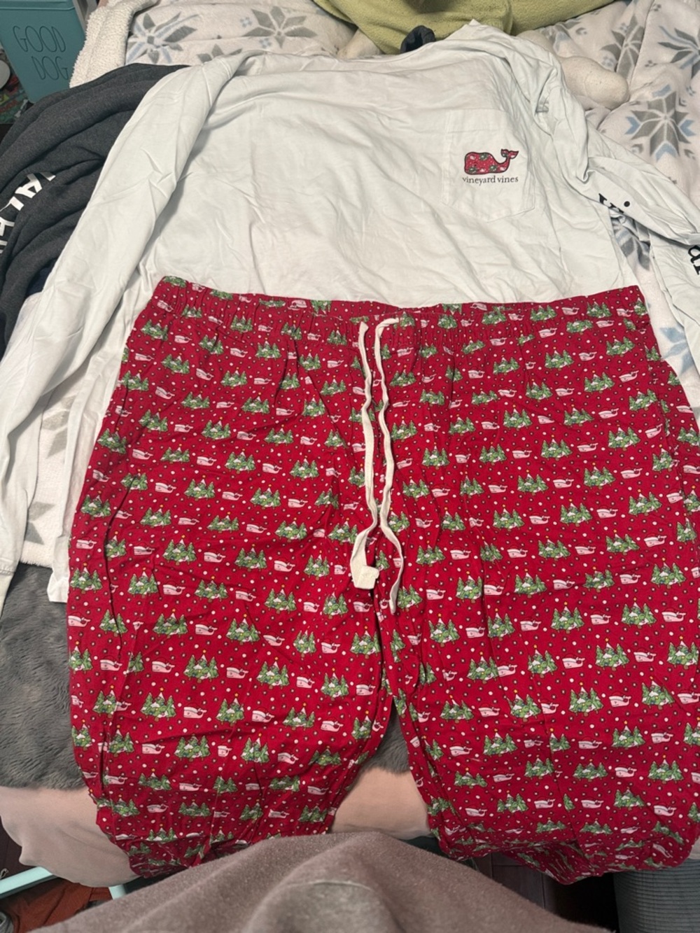 Vineyard Vines White Long Sleeve Tee with Red Holiday Tree Pajama Pants